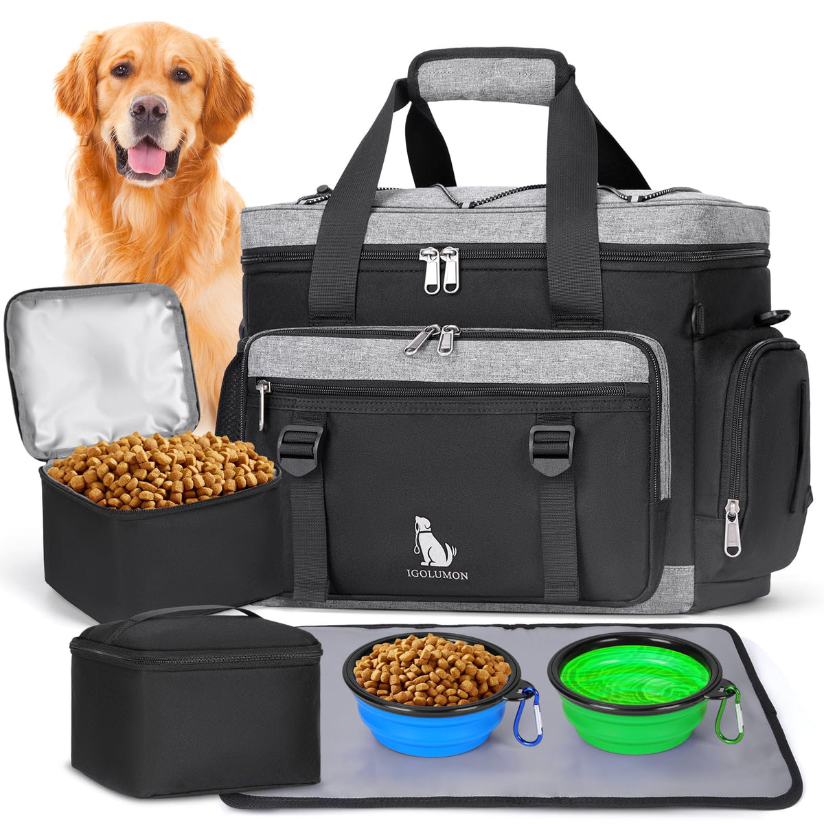 Dog travel bag with food and water bowls on a white background