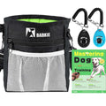 Dog training clicker, leash, and Barkie pouch on a white background