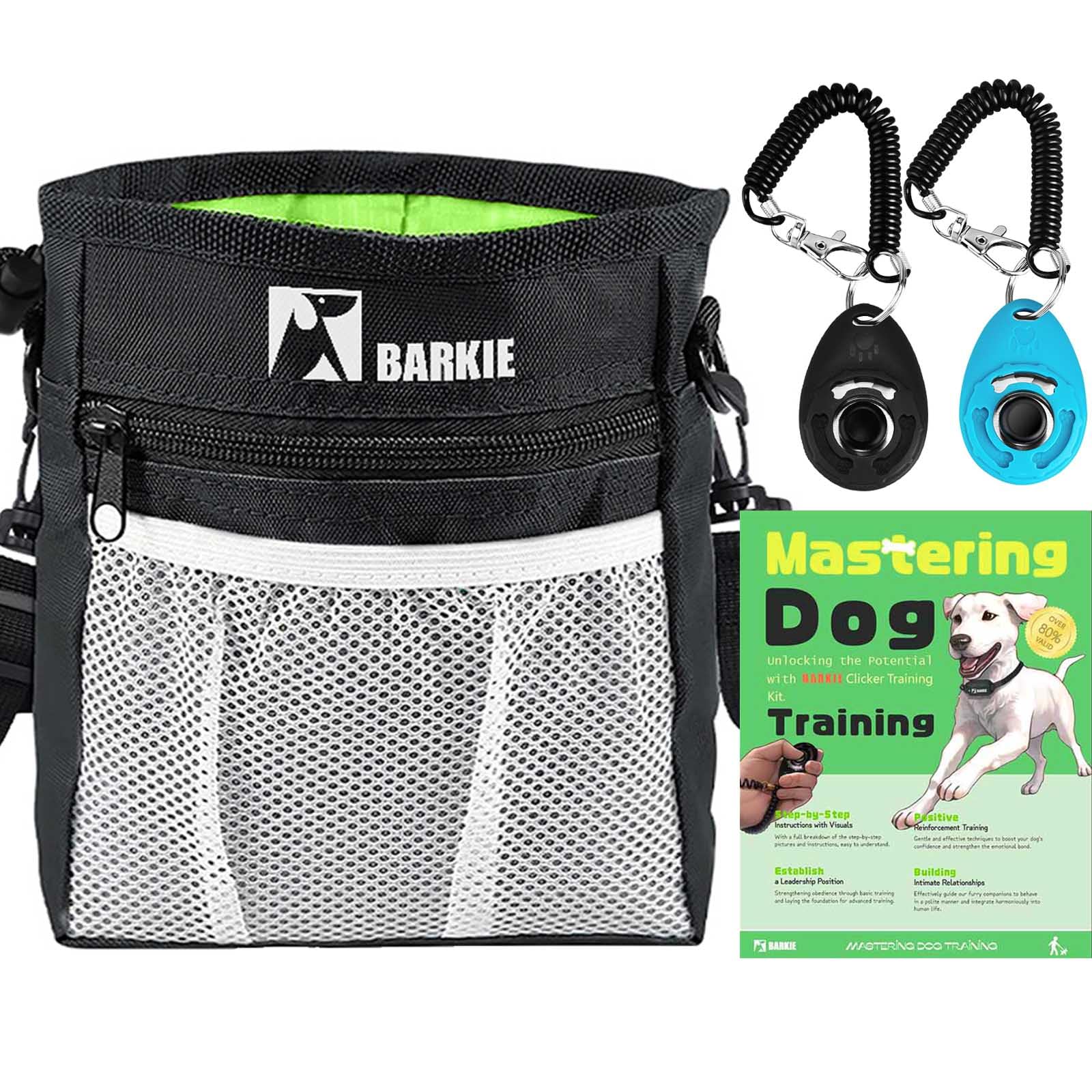 Dog training clicker, leash, and Barkie pouch on a white background