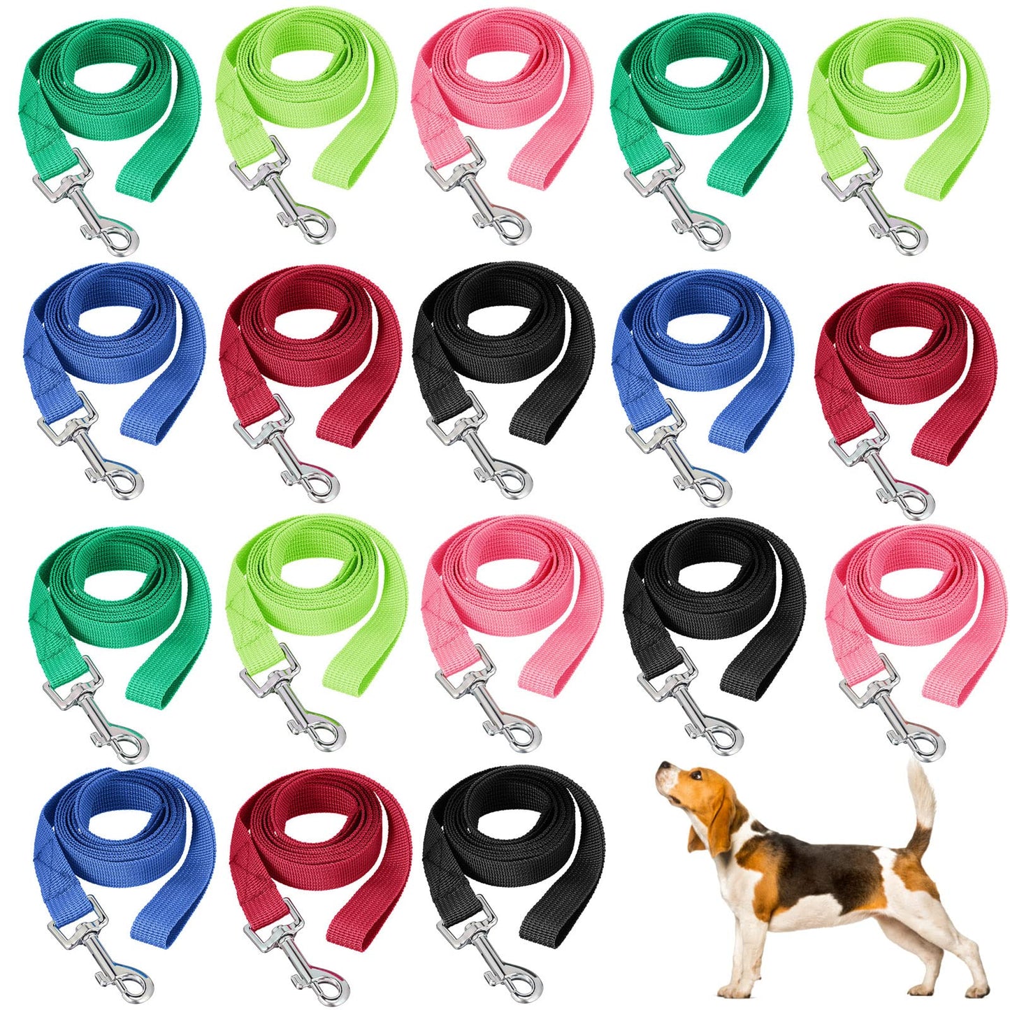 Set of colorful dog leashes with a dog at the bottom right corner on a white background