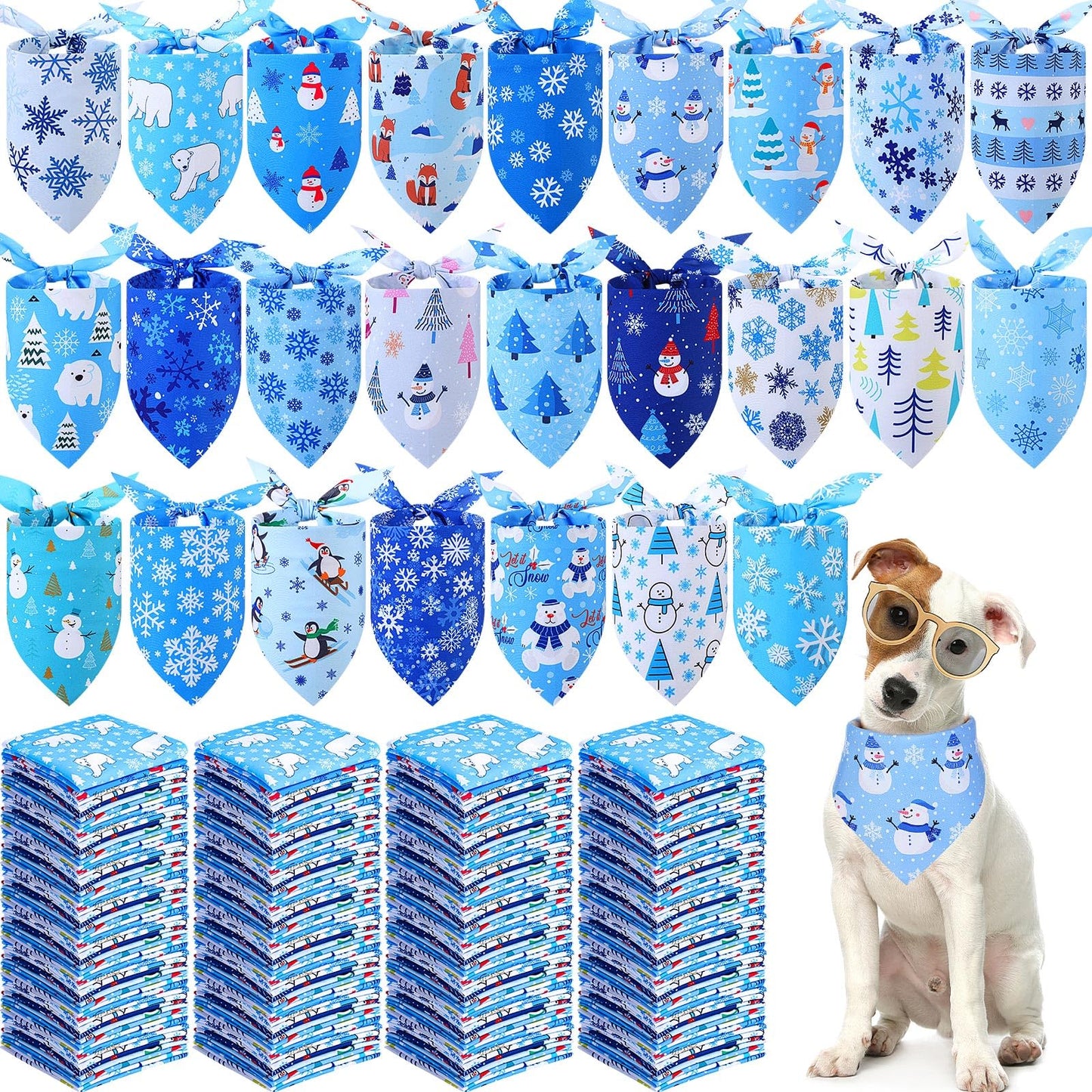 Collection of blue dog bandanas with winter-themed designs, displayed with a dog wearing one.