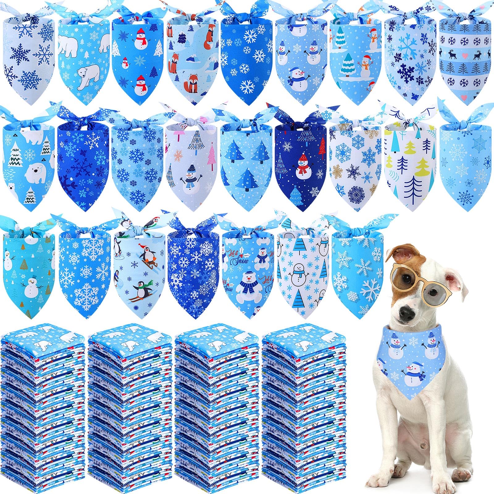 Collection of blue dog bandanas with winter-themed designs, displayed with a dog wearing one.